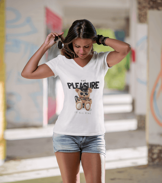 Woman wearing a playful V-Neck Tee featuring a teddy bear and the phrase "The PLEASURE is all mine."