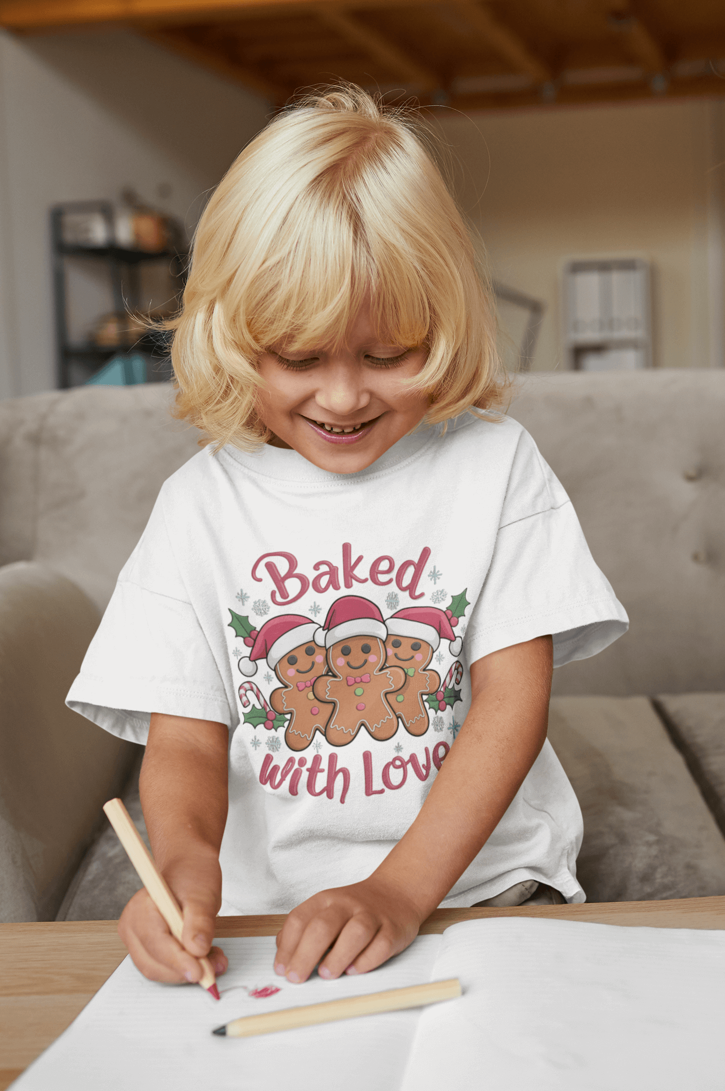 Kid wearing a 'Baked with Love' t-shirt featuring gingerbread men, happily coloring at a table.