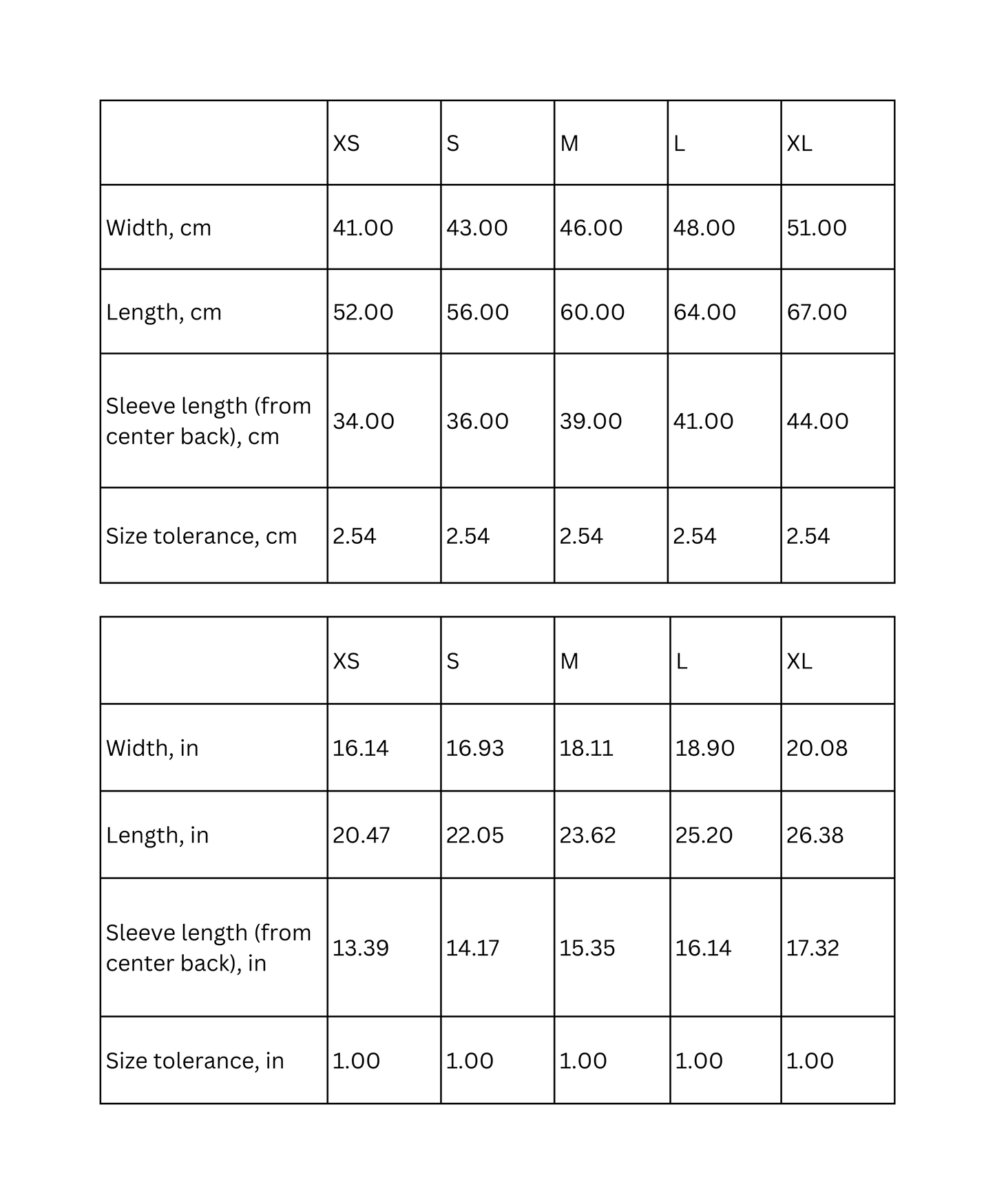 Size chart for kids' t-shirt with measurements in cm and inches for XS, S, M, L, and XL.