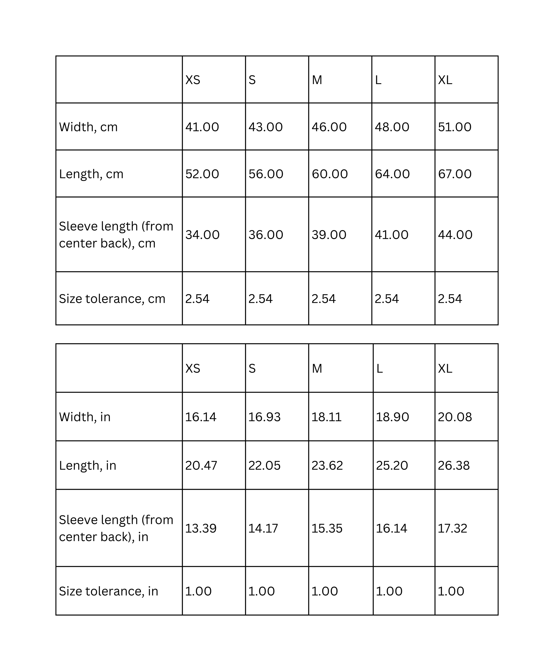 Size chart for kids' t-shirt with measurements in cm and inches for XS, S, M, L, and XL.