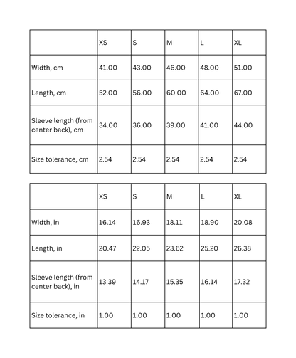 Size chart for kids' t-shirt with measurements in cm and inches for XS, S, M, L, and XL.