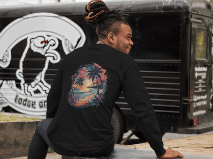 Long sleeve shirt featuring a vibrant tropical sunset beach scene with palm trees and coastal vibes.