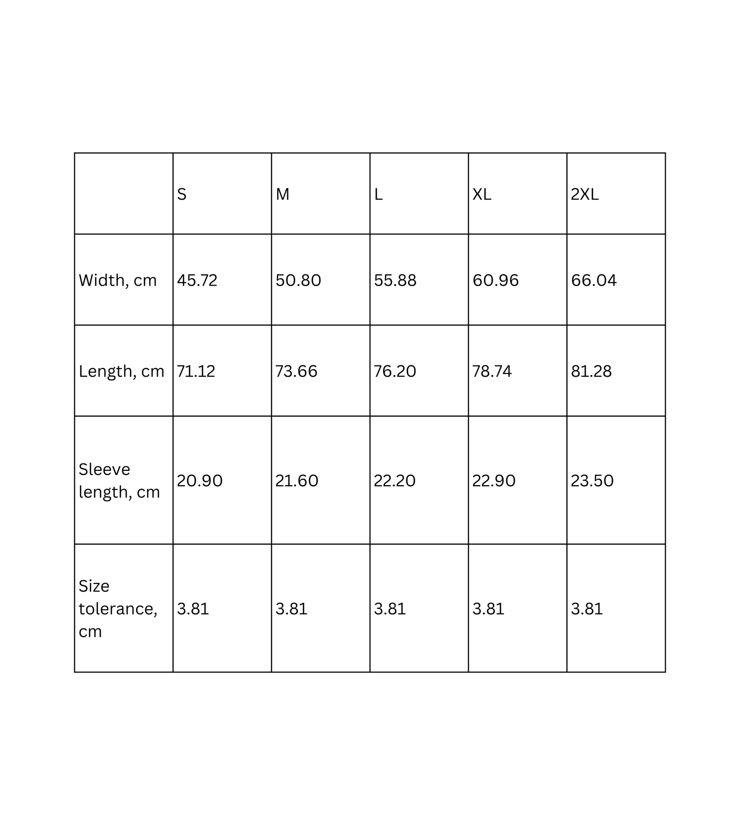 Size chart for playful graphic t-shirt showing measurements for S, M, L, XL, and 2XL.