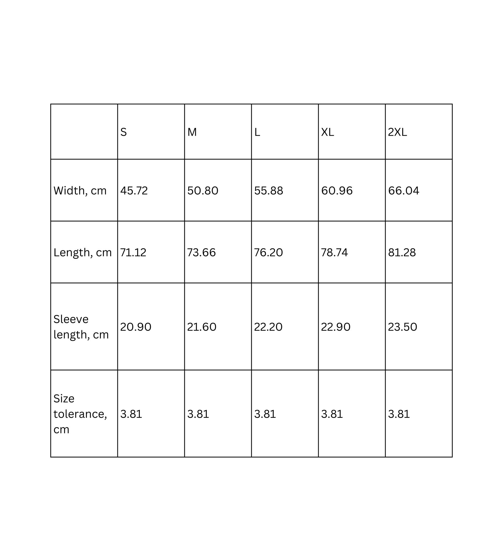 Size chart for playful graphic t-shirt showing measurements for S, M, L, XL, and 2XL.