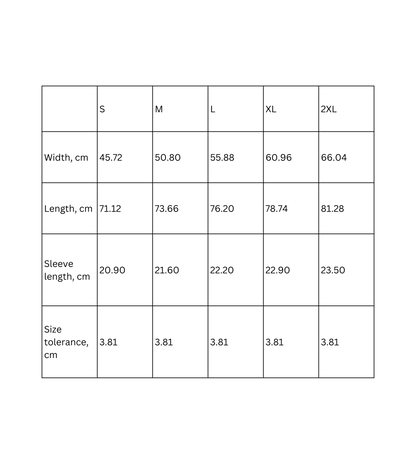 Size chart for playful graphic t-shirt showing measurements for S, M, L, XL, and 2XL.