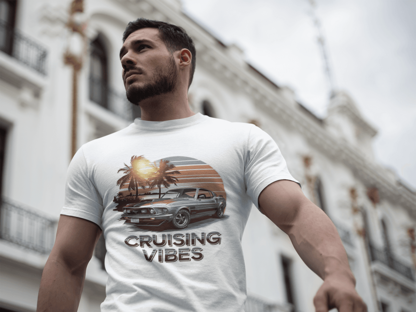 Cruising Vibes T-shirt featuring retro sunset beach design and American muscle car, perfect for car lovers.