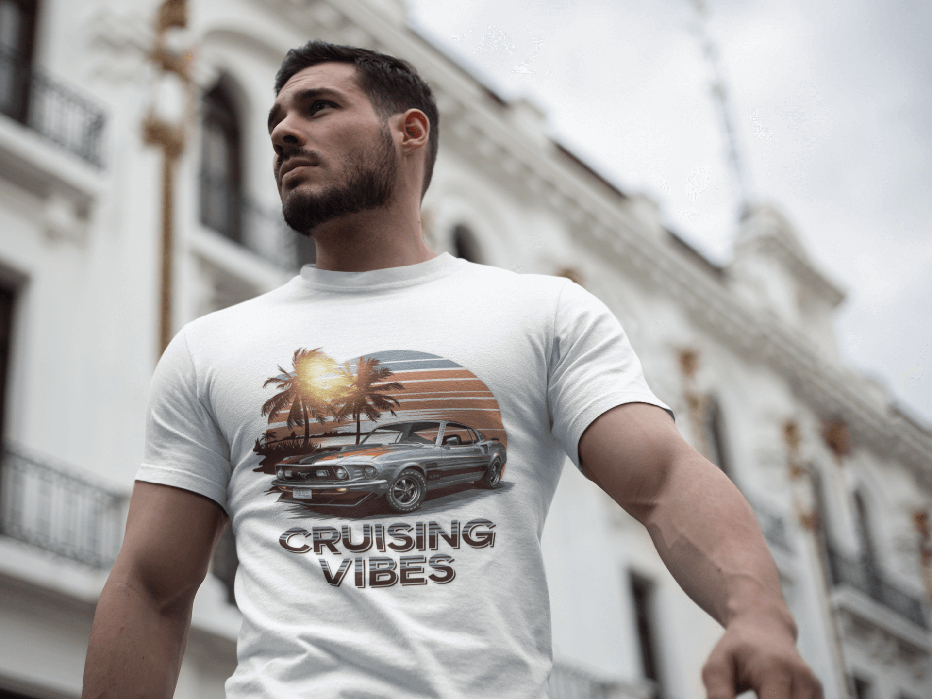 Cruising Vibes T-shirt featuring retro sunset beach design and American muscle car, perfect for car lovers.