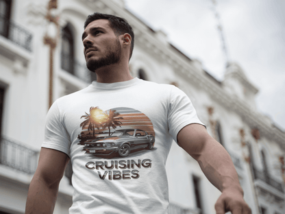 Cruising Vibes T-shirt featuring retro sunset beach design and American muscle car, perfect for car lovers.