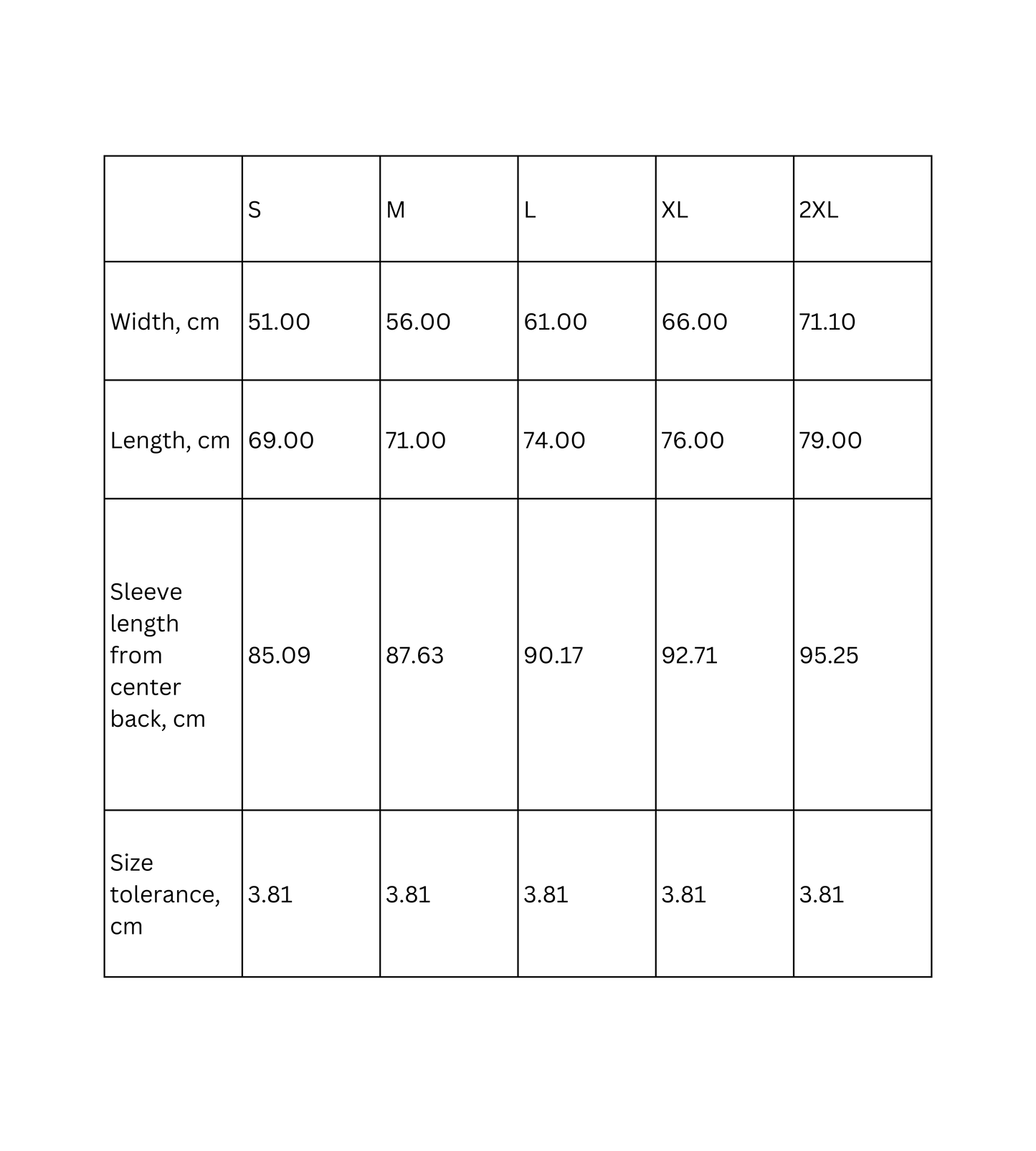 Size chart for unisex hooded sweatshirt, showing measurements for sizes S, M, L, XL, and 2XL.