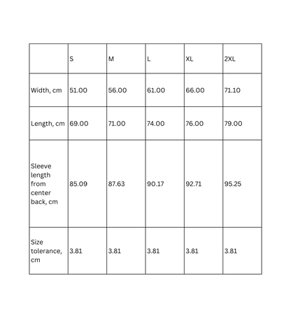 Size chart for unisex hooded sweatshirt, showing measurements for sizes S, M, L, XL, and 2XL.