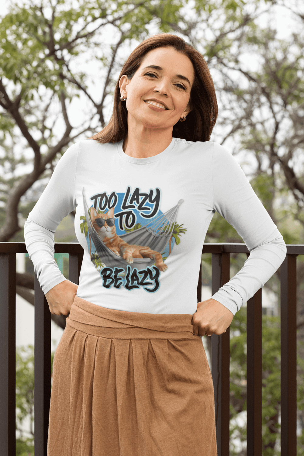 Long Sleeve Tee - Too Lazy To Be Lazy, Cat in a Hammock Beach Design - Cookies Trend Collective