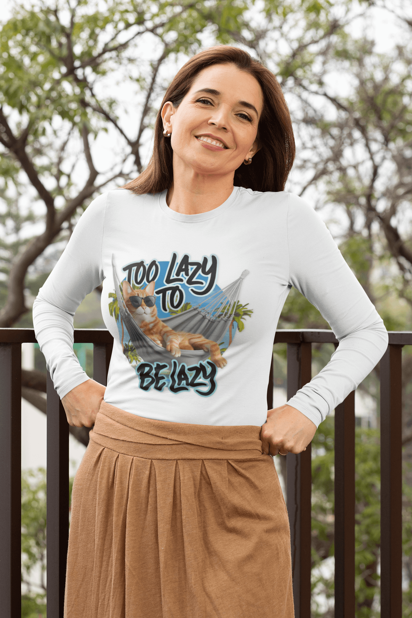 Unisex long sleeve featuring a lazy cat at the beach with the phrase 'Too Lazy to be Lazy', perfect for summer vibes.