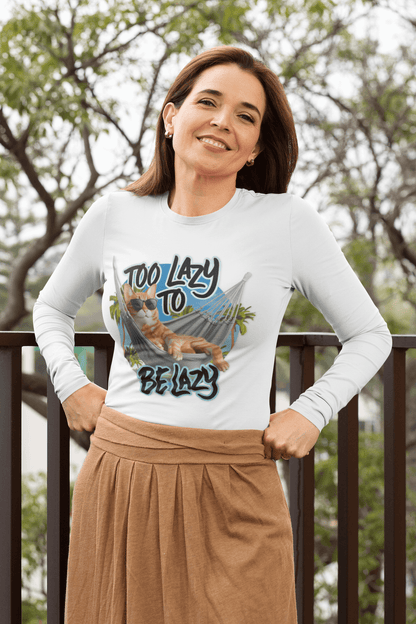 Unisex long sleeve featuring a lazy cat at the beach with the phrase 'Too Lazy to be Lazy', perfect for summer vibes.