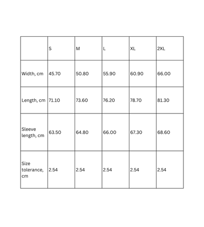 Long Sleeve Tee - Too Lazy To Be Lazy, Cat in a Hammock Beach Design - Size Chart