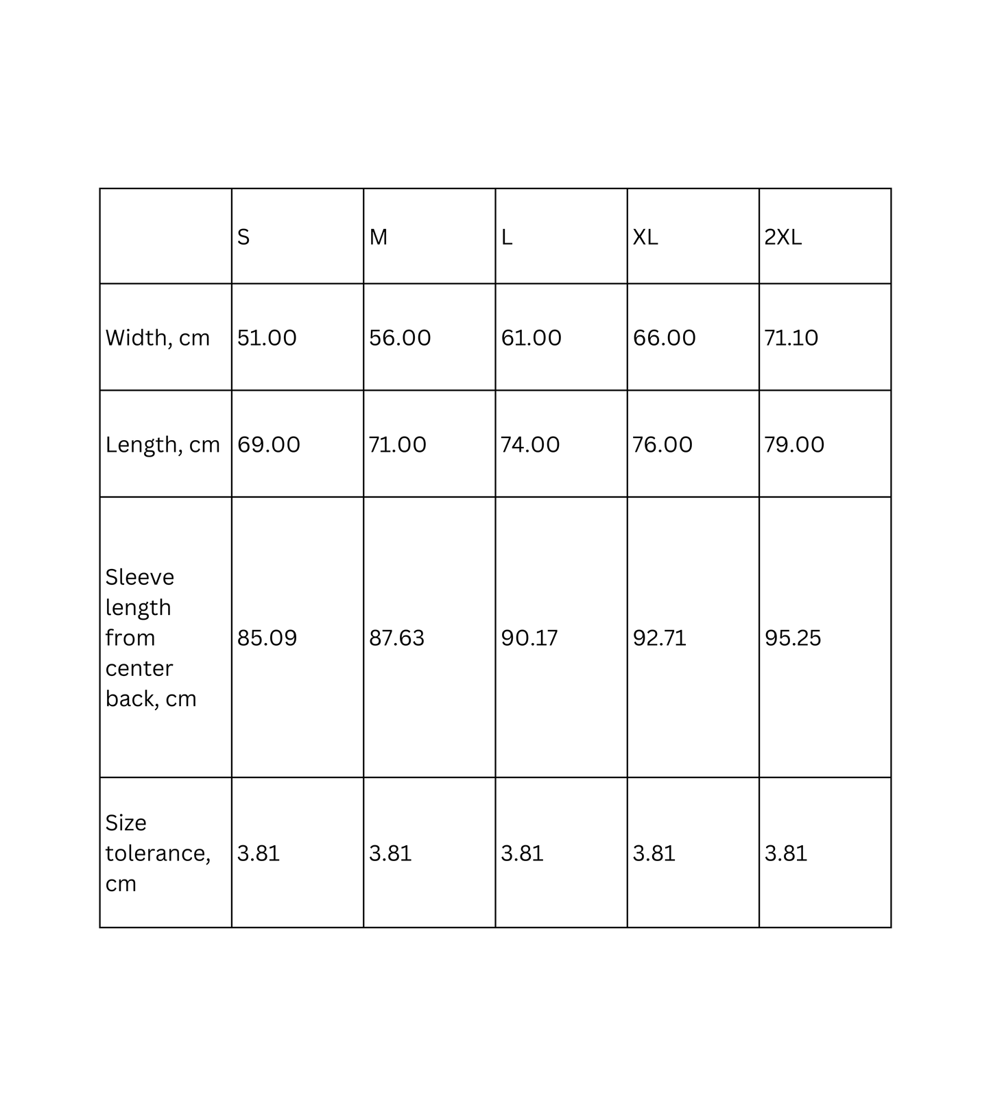 Size chart for tropical sunset beach hoodie, showing measurements for S, M, L, XL, and 2XL.