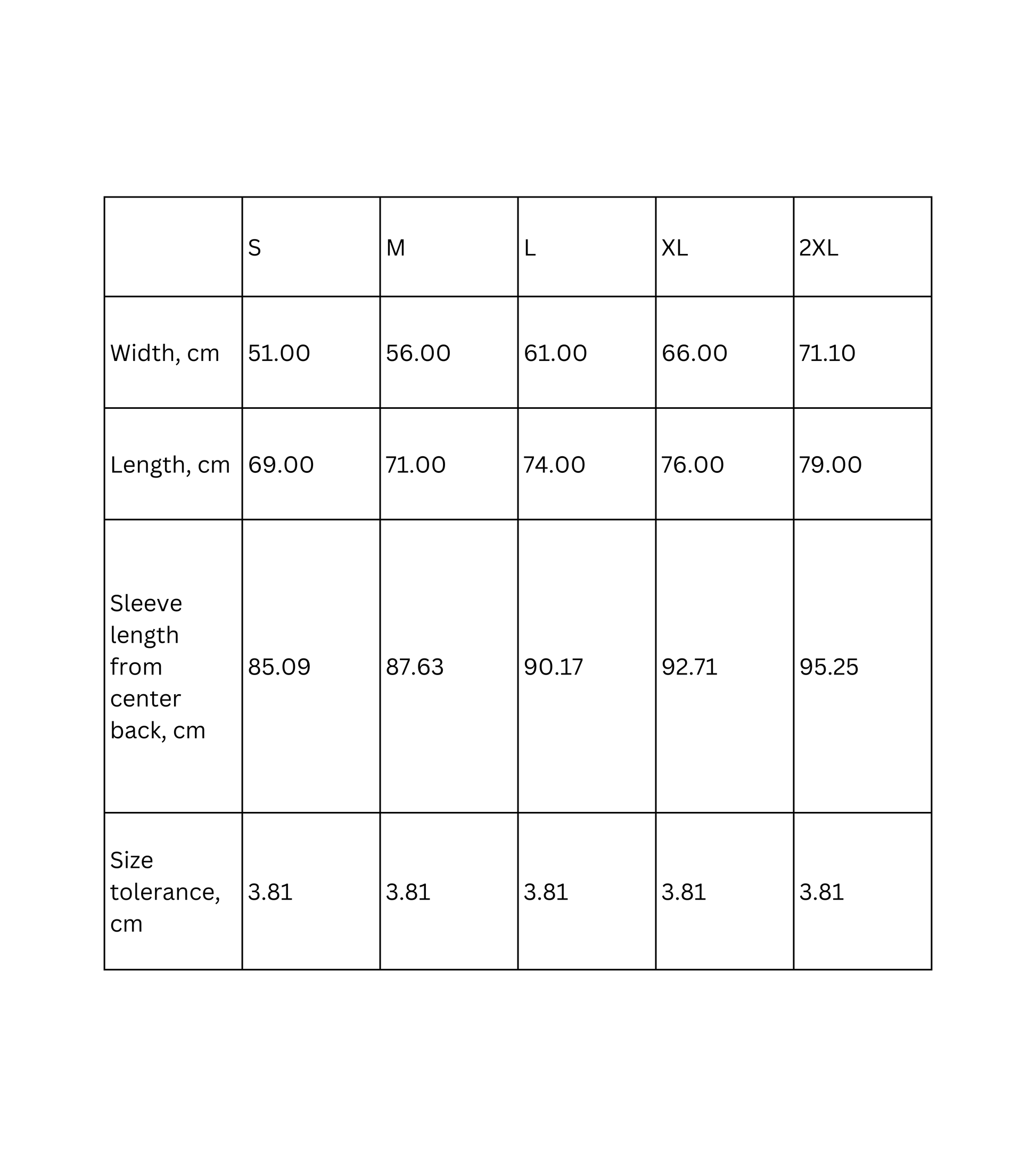 Size chart for tropical sunset beach hoodie, showing measurements for S, M, L, XL, and 2XL.
