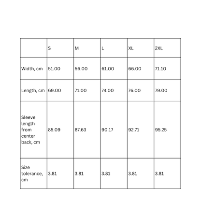 Size chart for tropical sunset beach hoodie, showing measurements for S, M, L, XL, and 2XL.