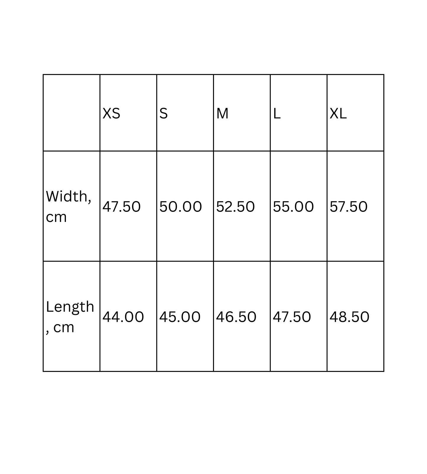 Size chart for crop tee showing width and length measurements for XS, S, M, L, and XL in centimeters.