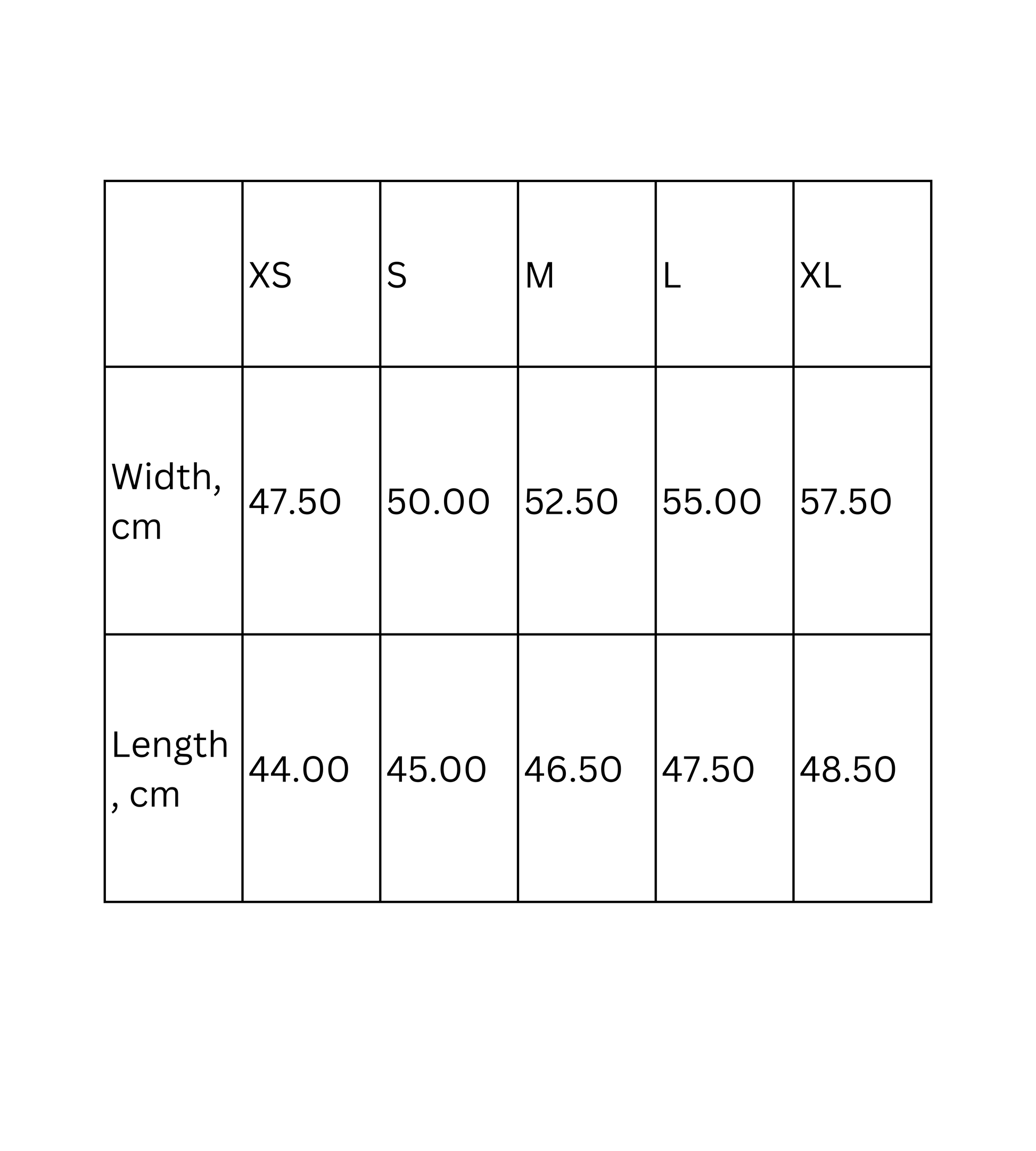 Size chart for crop tee showing width and length measurements for XS, S, M, L, and XL in centimeters.