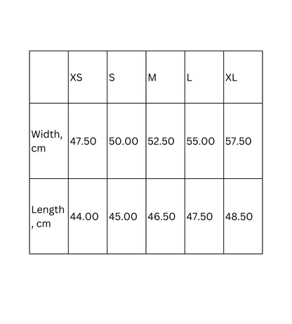 Size chart for crop tee showing width and length measurements for XS, S, M, L, and XL in centimeters.
