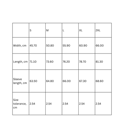 Funny Typography Long Sleeve Tee - Size Chart