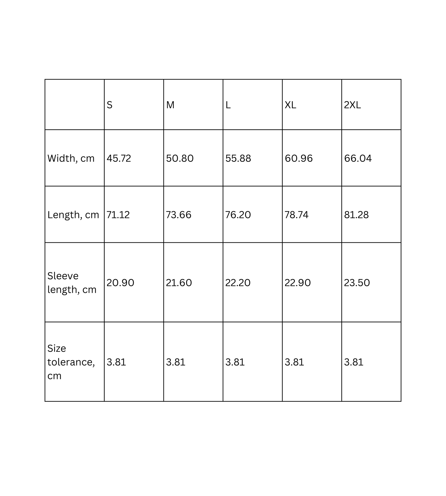 Size chart for colorful funny quote unisex t-shirt, detailing measurements in cm for various sizes.