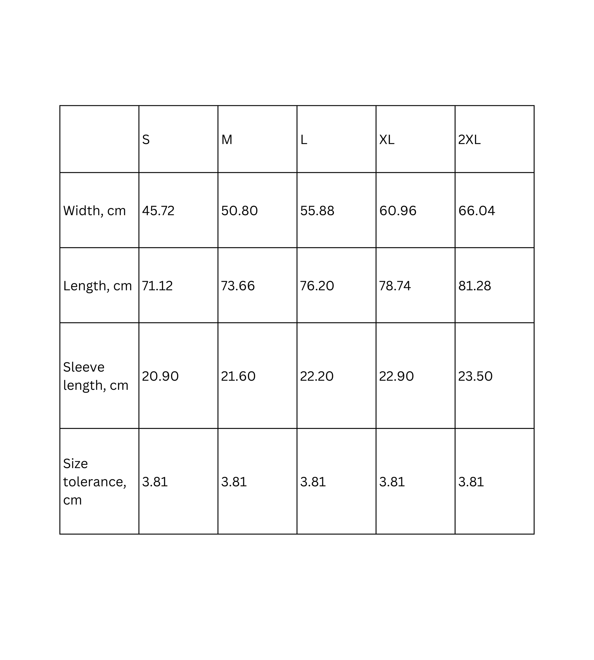 Size chart for colorful funny quote unisex t-shirt, detailing measurements in cm for various sizes.