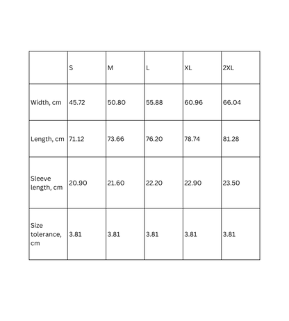 Size chart for colorful funny quote unisex t-shirt, detailing measurements in cm for various sizes.