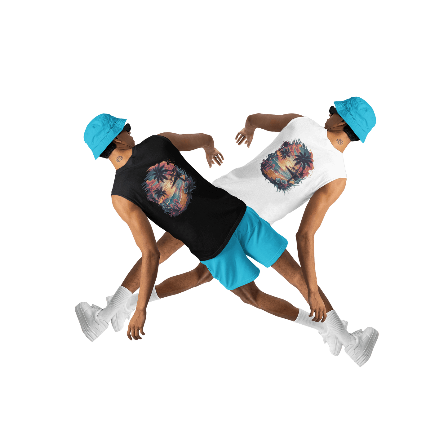 Tropical sunset beach tank top featuring palm trees and vibrant ocean colors, perfect for summer vibes and casual wear - Island life