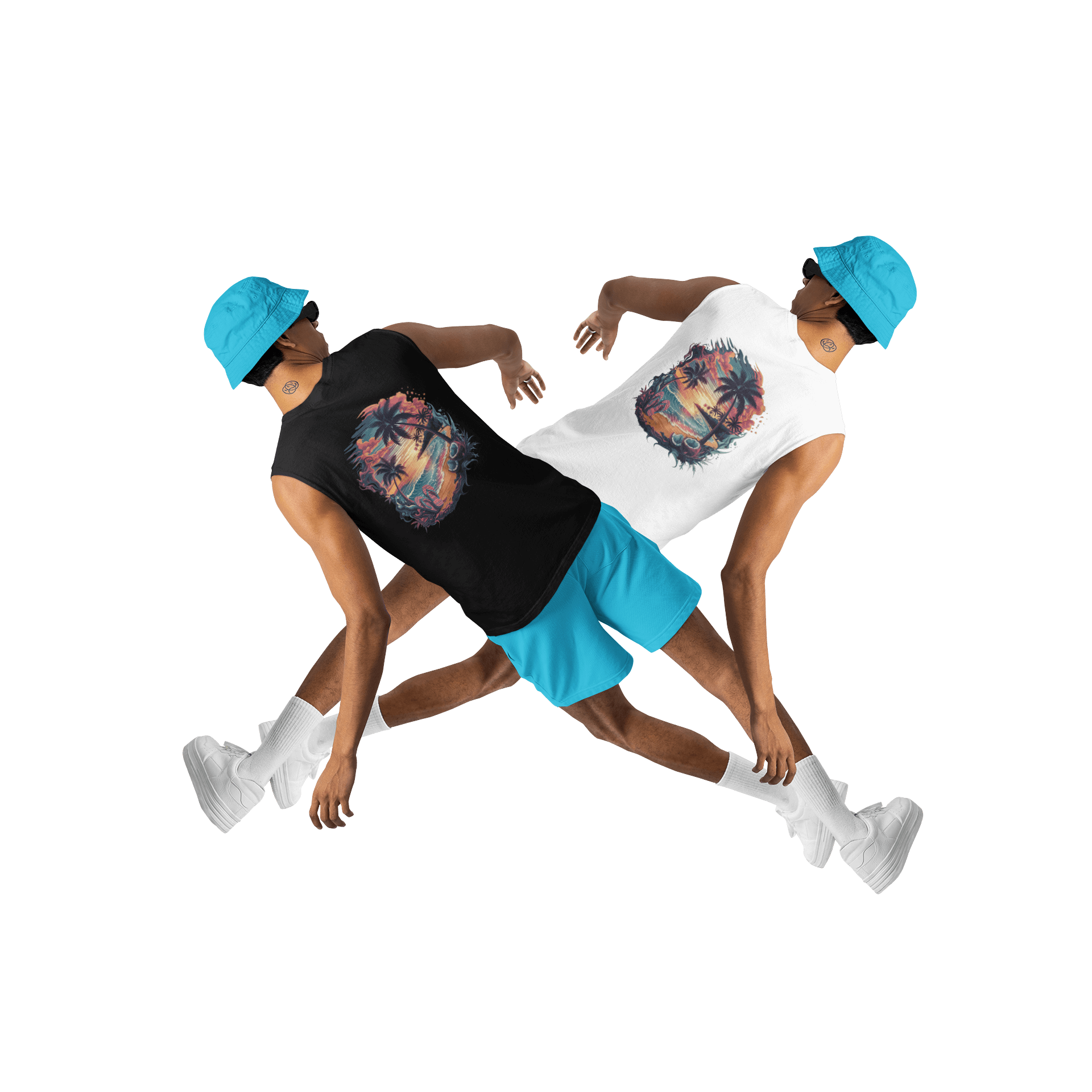 Tropical sunset beach tank top featuring palm trees and vibrant ocean colors, perfect for summer vibes and casual wear - Island life