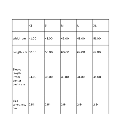 Size chart for kids retro T-shirt with measurements in centimeters for various sizes.