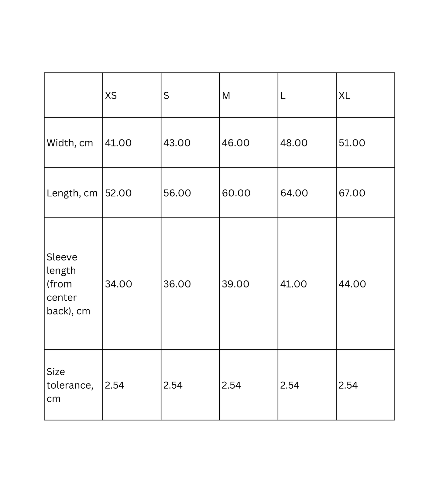 Kid's Tee size chart