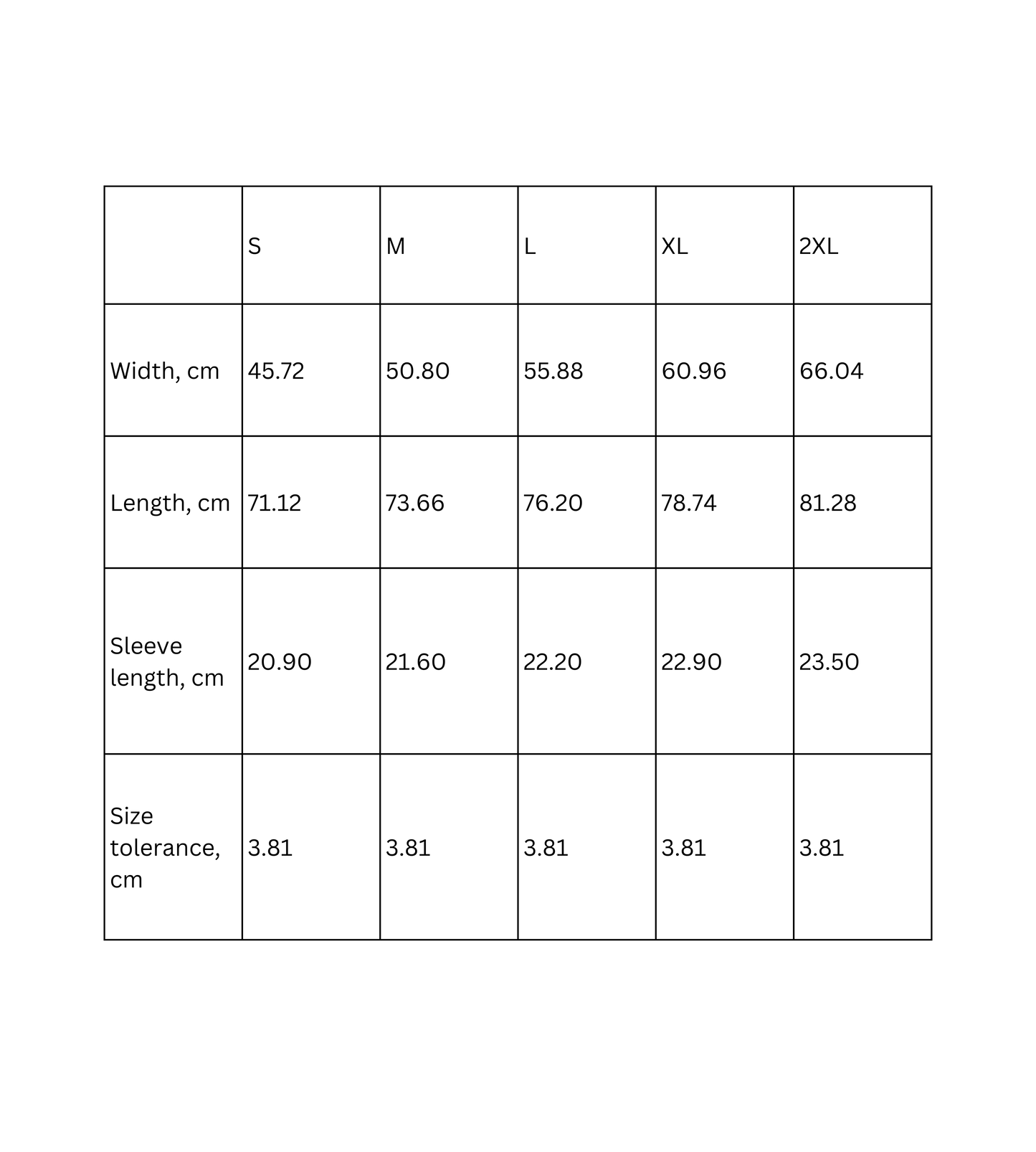 Size chart for Retro Fishing Unisex T-Shirt showing dimensions and tolerances for sizes S to 2XL.