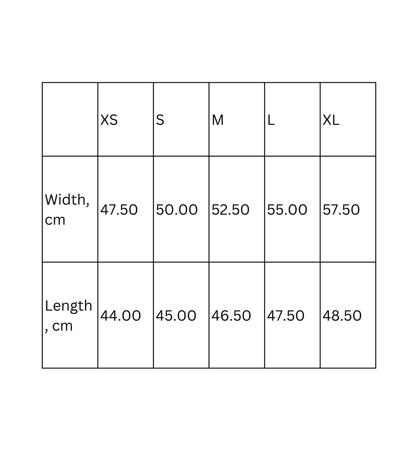 Size chart for Crop Tee showing width and length measurements in cm for XS to XL.