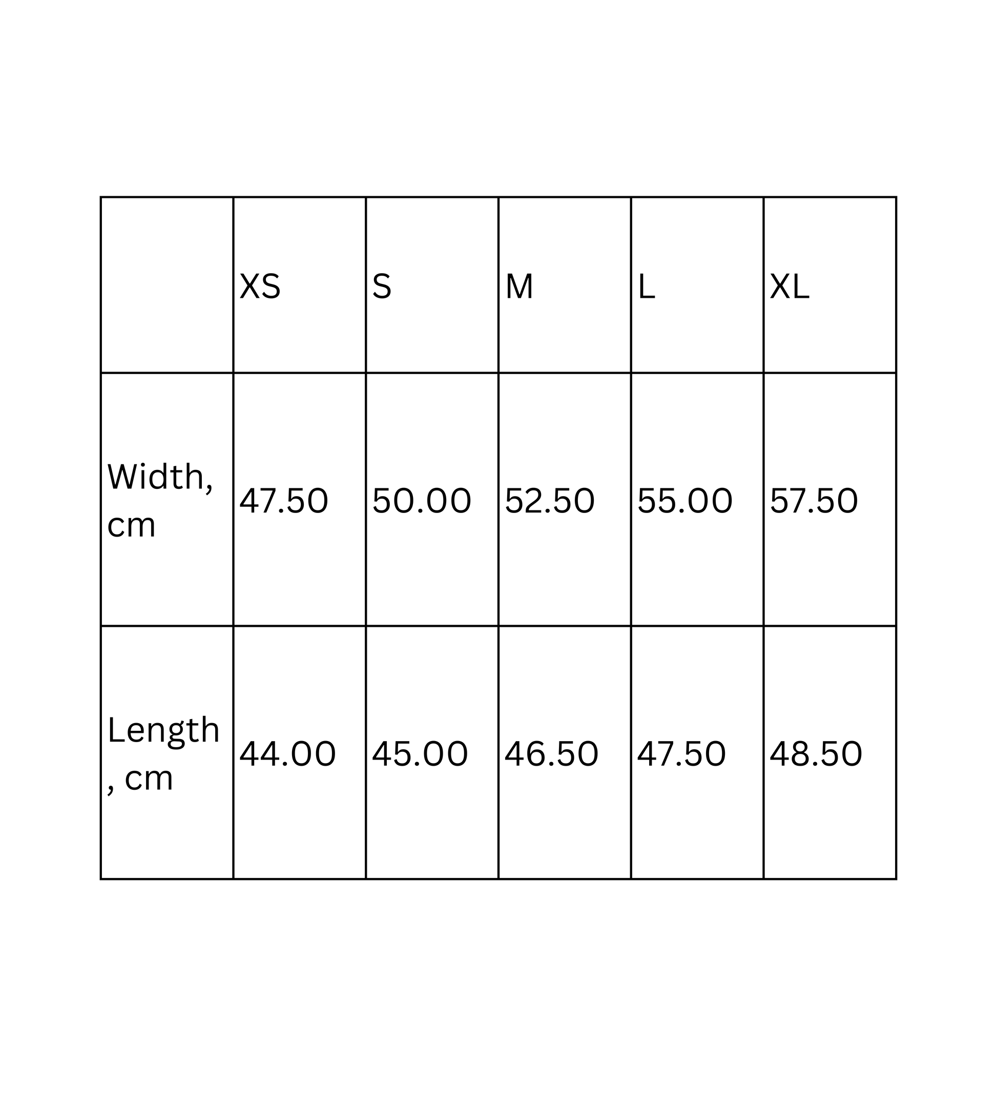 Size chart for Crop Tee showing width and length measurements in cm for XS to XL.