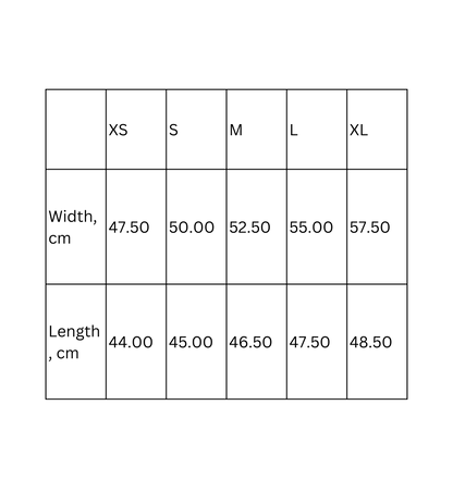 Size chart for Crop Tee showing width and length measurements in cm for XS to XL.