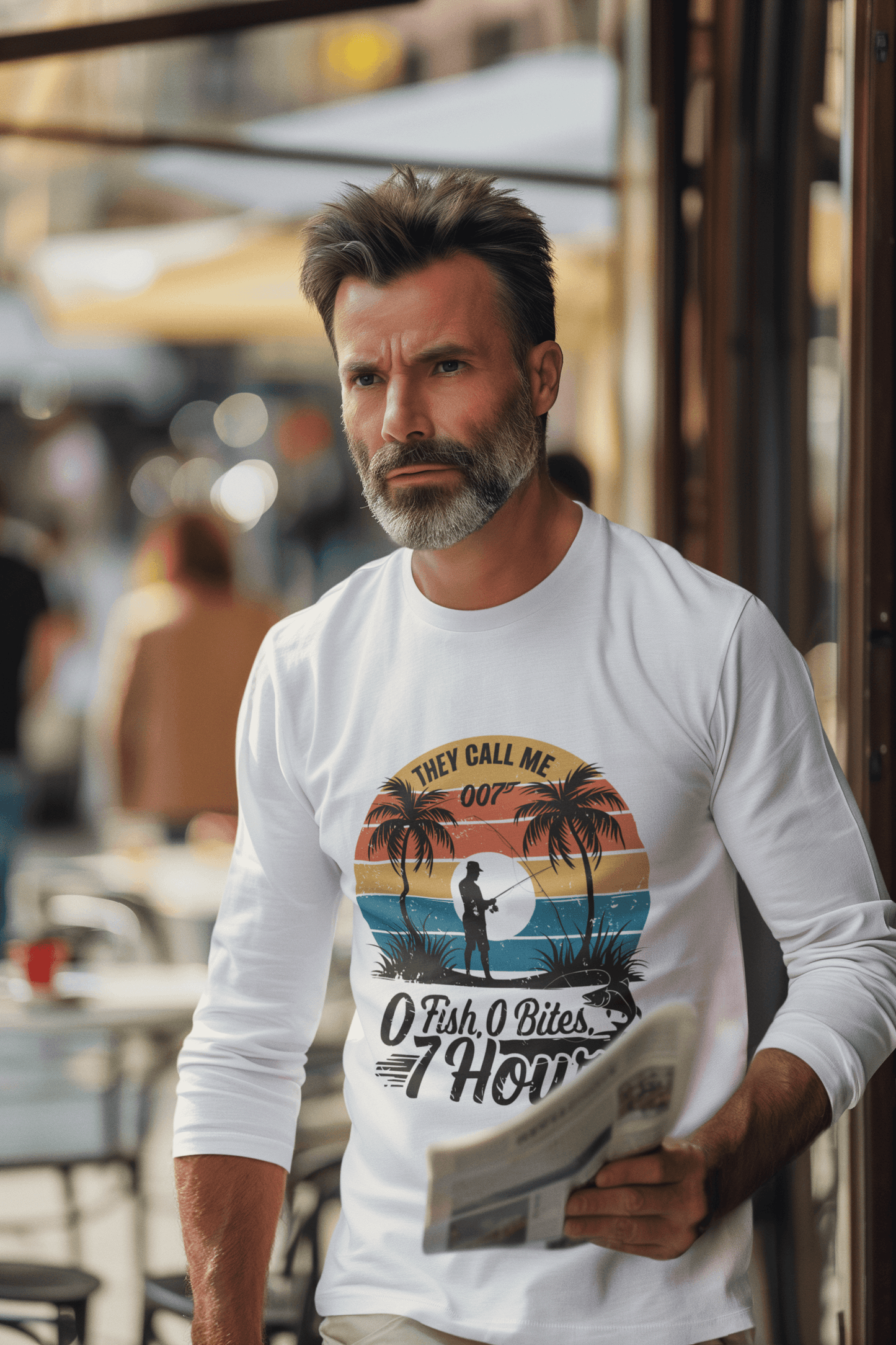 Retro Fishing long sleeve shirt with the quote 'They call me 007 0 Fish, 0 Bites, 7 Hours', ideal for fishing enthusiasts.