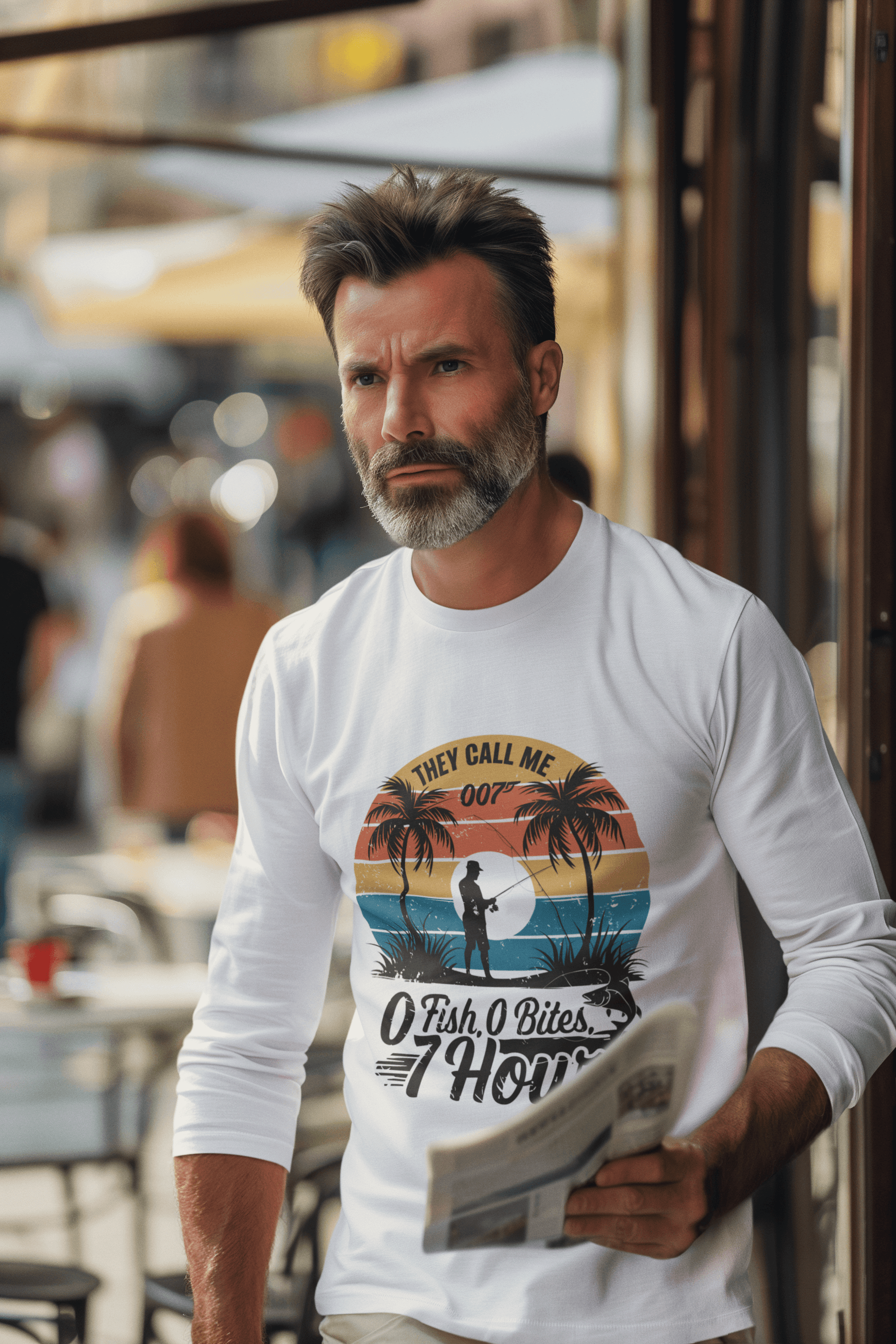 Retro Fishing long sleeve shirt with the quote 'They call me 007 0 Fish, 0 Bites, 7 Hours', ideal for fishing enthusiasts.