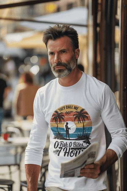 Retro Fishing long sleeve shirt with the quote 'They call me 007 0 Fish, 0 Bites, 7 Hours', ideal for fishing enthusiasts.