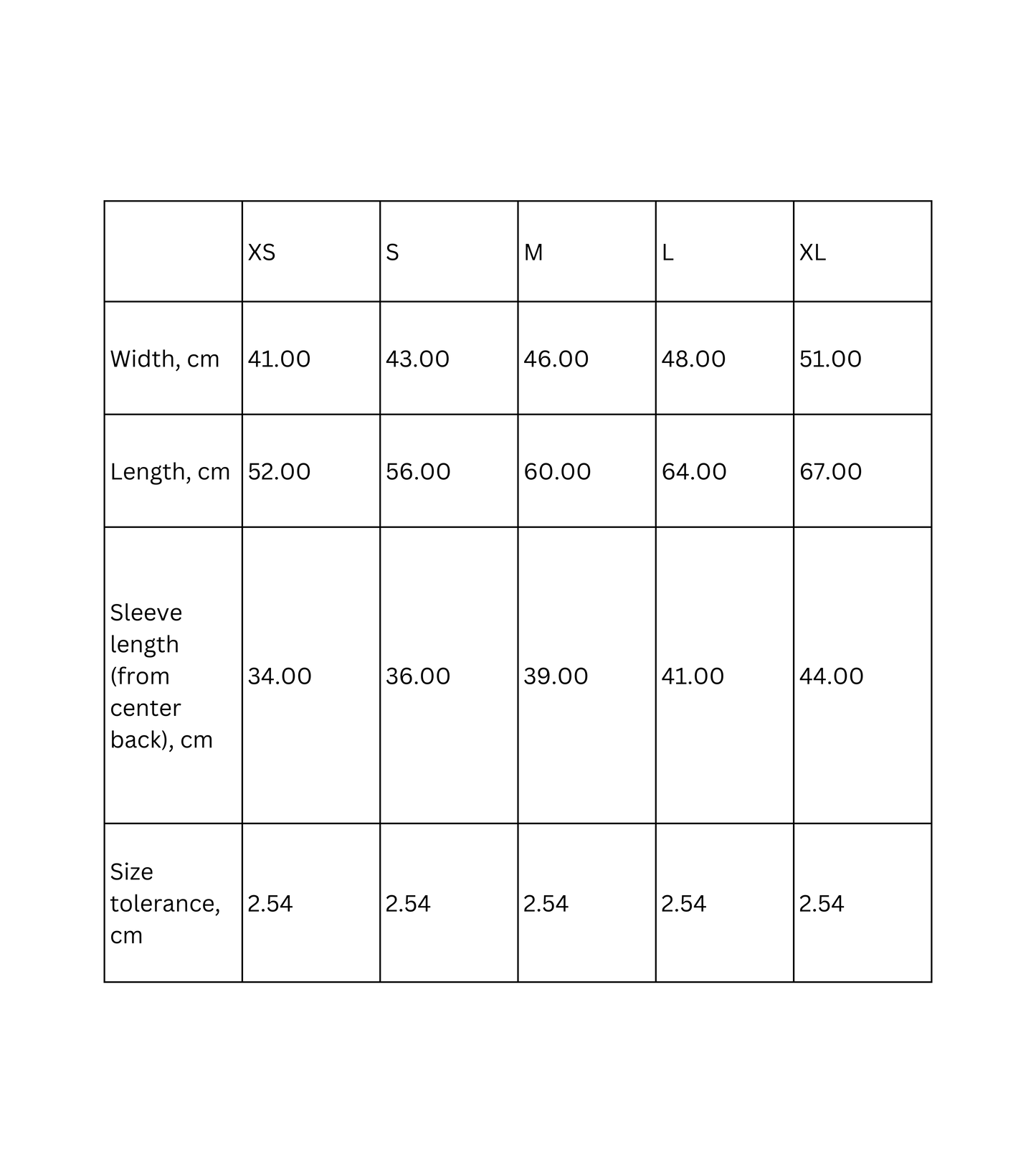 Size chart for kids' tees with measurements in cm for XS to XL, including width, length, and sleeve length.