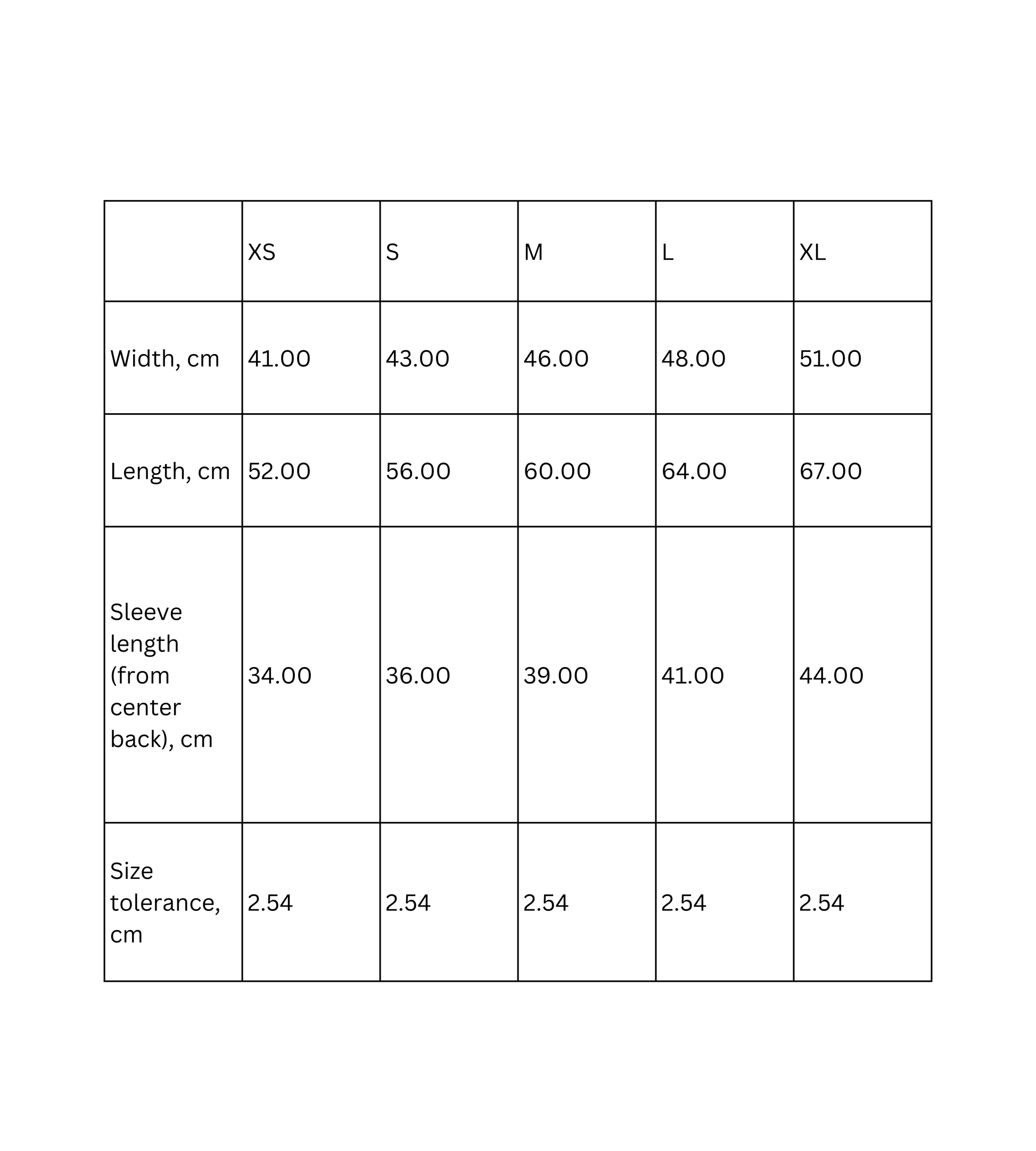 Size chart for kids' tees with measurements in cm for XS to XL, including width, length, and sleeve length.