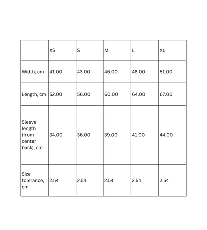 Size chart for kids' tees with measurements in cm for XS to XL, including width, length, and sleeve length.