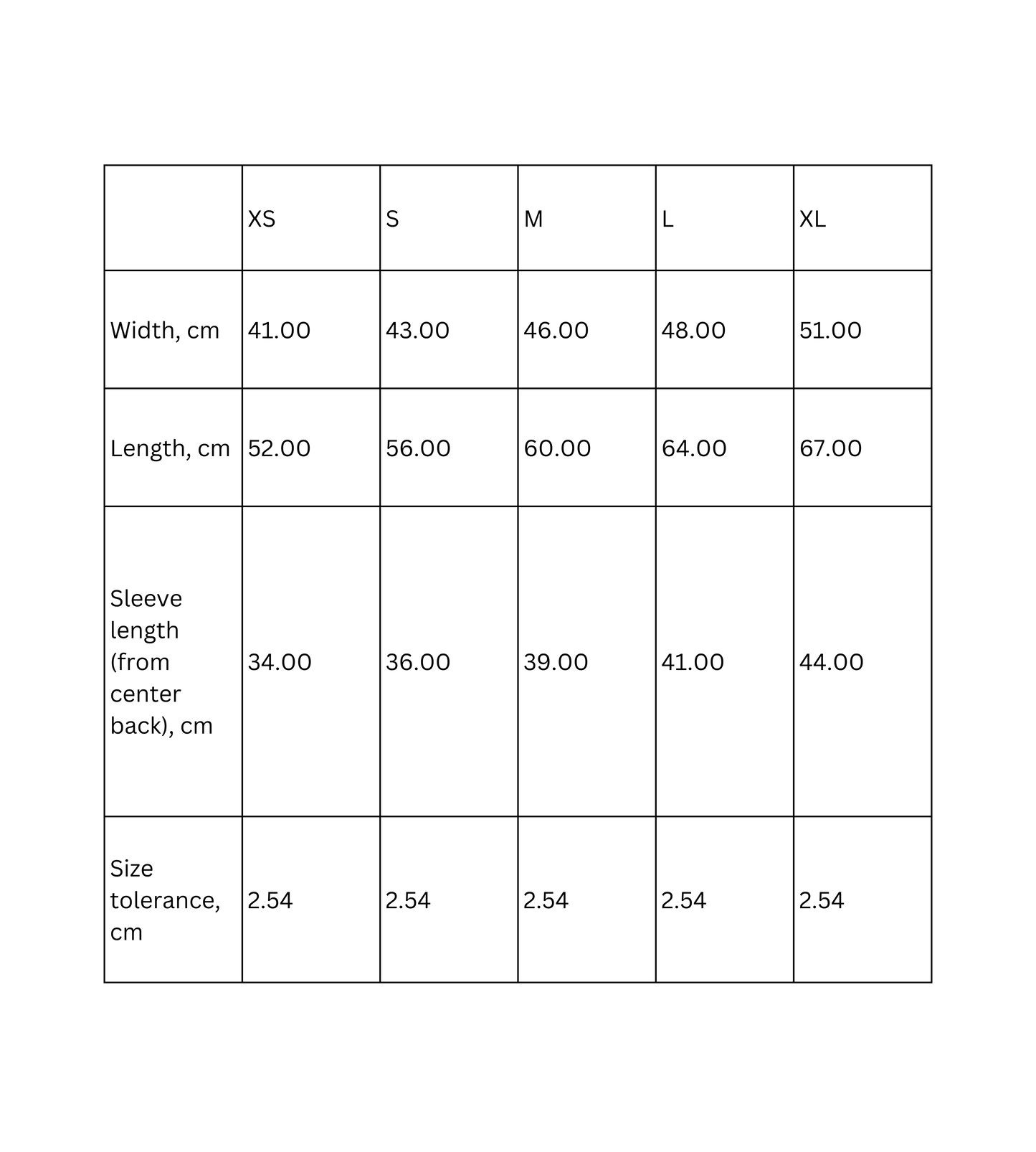 Kids T-Shirt size chart displaying measurements for XS, S, M, L, and XL in centimeters.