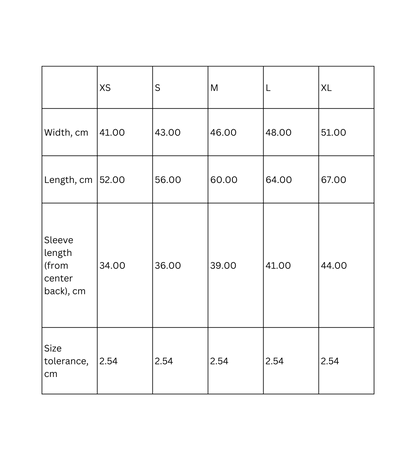 Kids T-Shirt size chart displaying measurements for XS, S, M, L, and XL in centimeters.