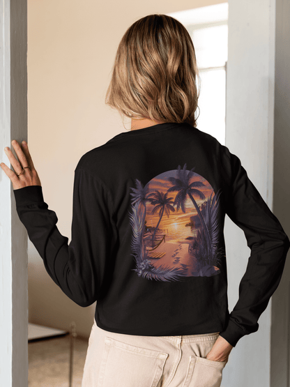 Long sleeve shirt featuring tropical sunset beach design with palm trees, perfect for summer vibes and coastal fashion.