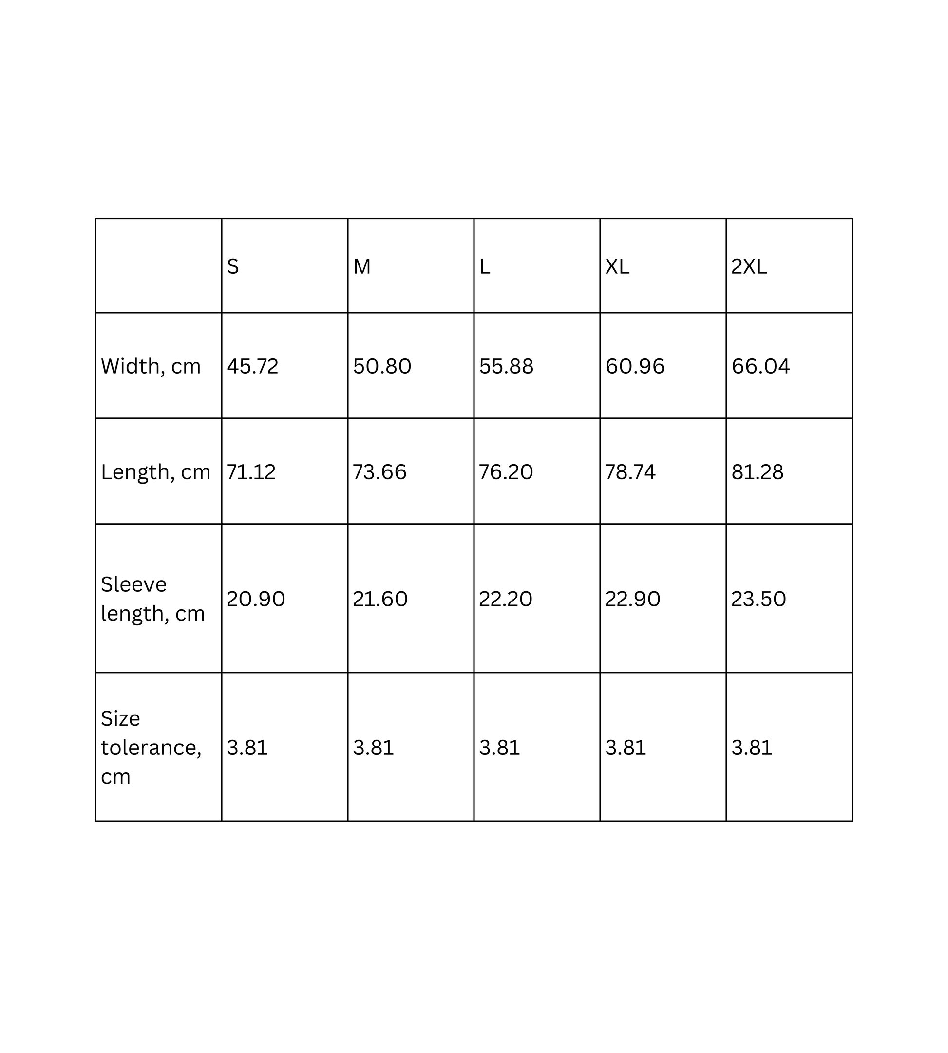 Size chart for unisex t-shirts including width, length, sleeve length, and size tolerance measurements.