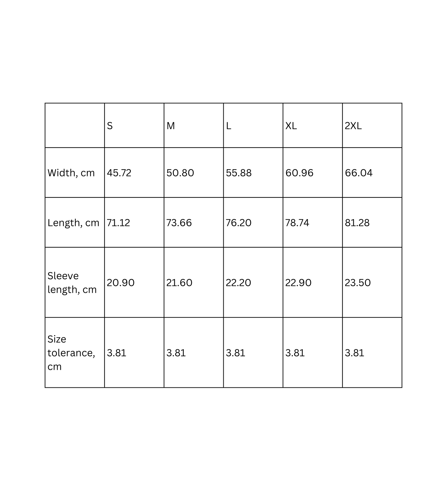 Size chart for unisex t-shirt including width, length, sleeve length, and size tolerance measurements.