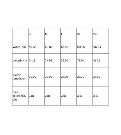 Size chart for unisex t-shirt including width, length, sleeve length, and size tolerance measurements.