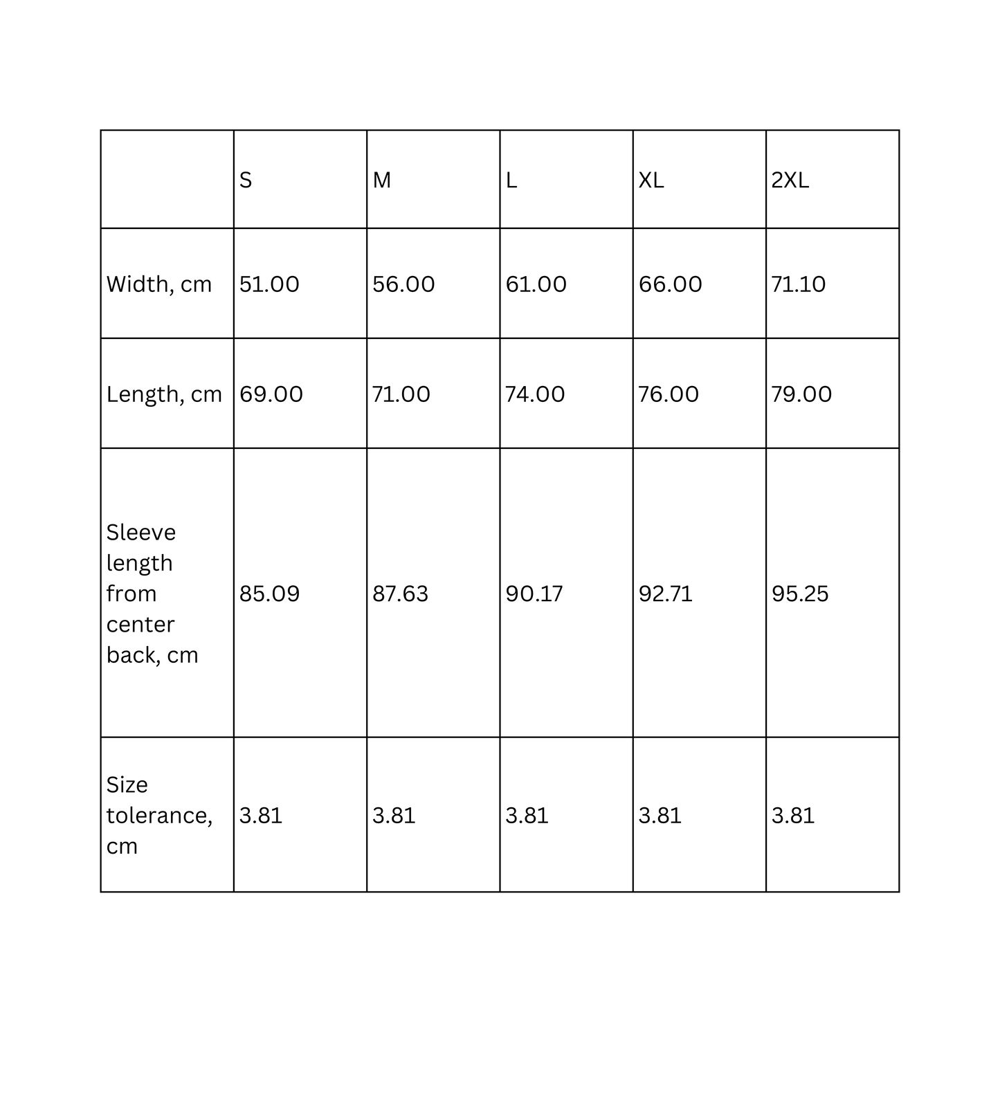 Size chart for unisex hoodies, detailing measurements for small to XXL in width, length, sleeve length, and tolerance.