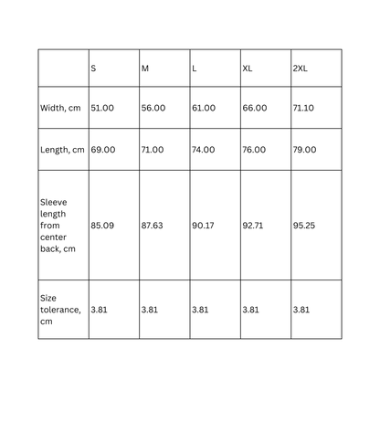 Size chart for unisex hoodies, detailing measurements for small to XXL in width, length, sleeve length, and tolerance.